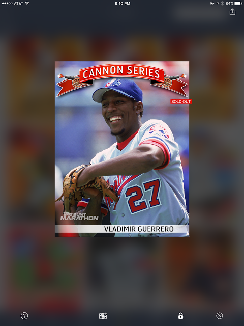A screenshot from the iOS Topps Bunt app, of a digital trading card of baseball player Vladimir Guerrero, Sr., from the Cannon Series subset.
