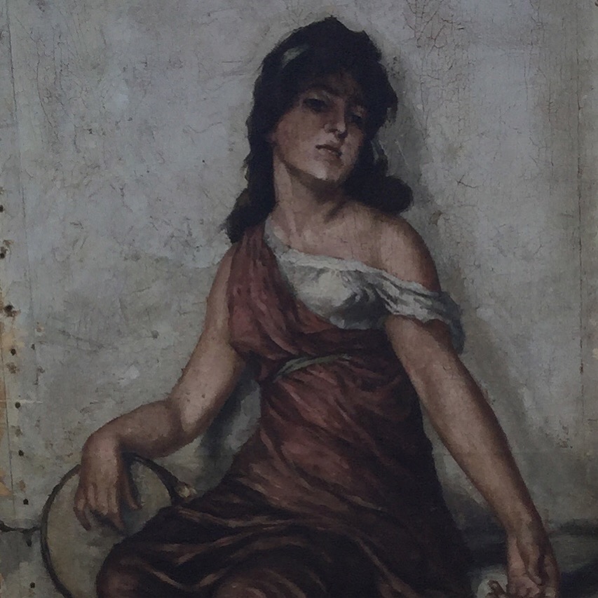 A painting of a woman lounging against a wall, right hand resting on a pan, with white skin and black hair, in a burgundy Greco-Romanesque overdress pulled down on the left side to reveal a white shift, hanging off the woman's shoulder. A white rope belt is around the woman's waist. The woman appears to look at the viewer with equal parts exhaustion and contempt.