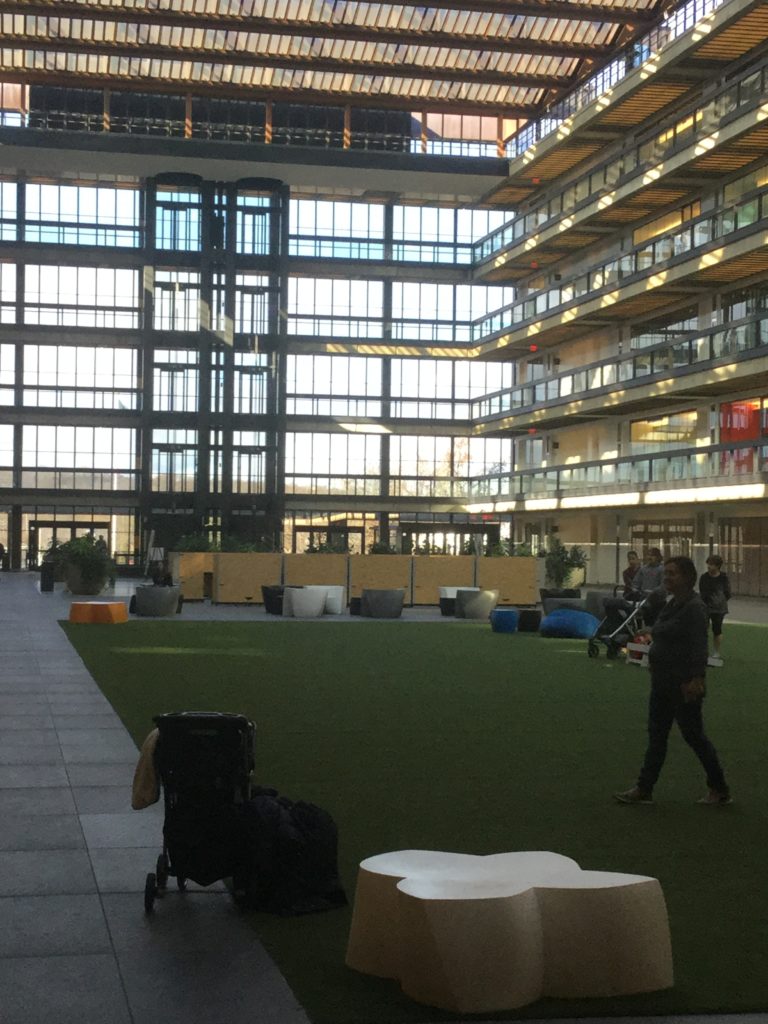 Another corridor of Bell Works in Holmdel, NJ, which ends at an entrance with a 6 story glass wall and glass elevators. Artificial turf covers the ground on a sitting/walking area. Along the side of the corridor, offices go up to the 6th floor.