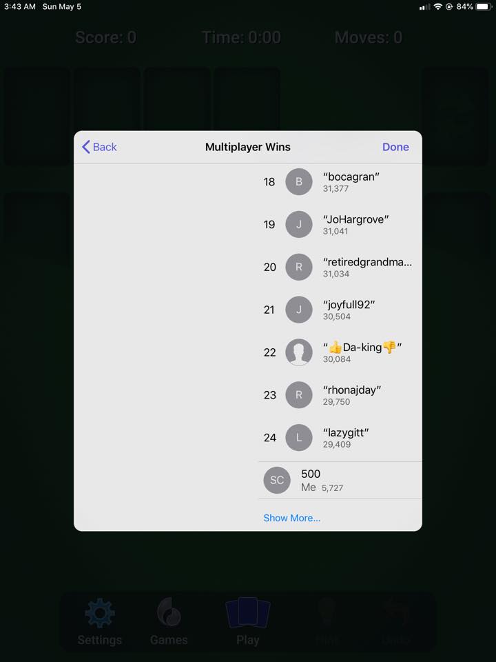 A screenshot of multiplayer wins statistics from MobilityWare Solitaire for iOS, showing that the author is in 500th place overall.