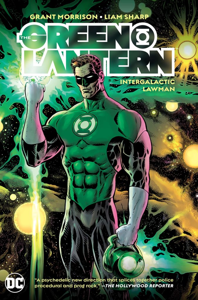 Cover of The Green Lantern Volume 1 trade paperback. Green Lantern Hal Jordan, center, a white man with brown hair, wearing a green mask that covers his eyes and nose, in a green and black bodysuit with white gloves, holding a green lantern, pointing a glowing green ring at "The Green Lantern" logo, stands in front of an outerspace background, with various yellow stars and planets in the distance. Artwork by Liam Sharp.