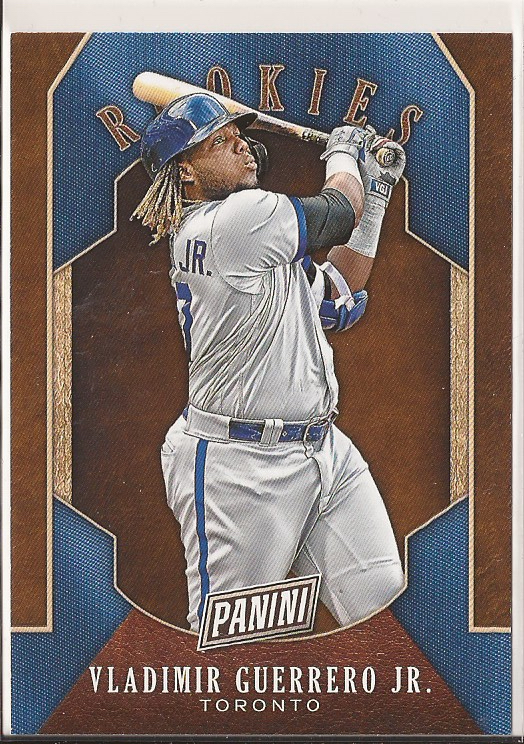 A 2019 Panini Rookies baseball card of Vladimir Guerrero, Jr..