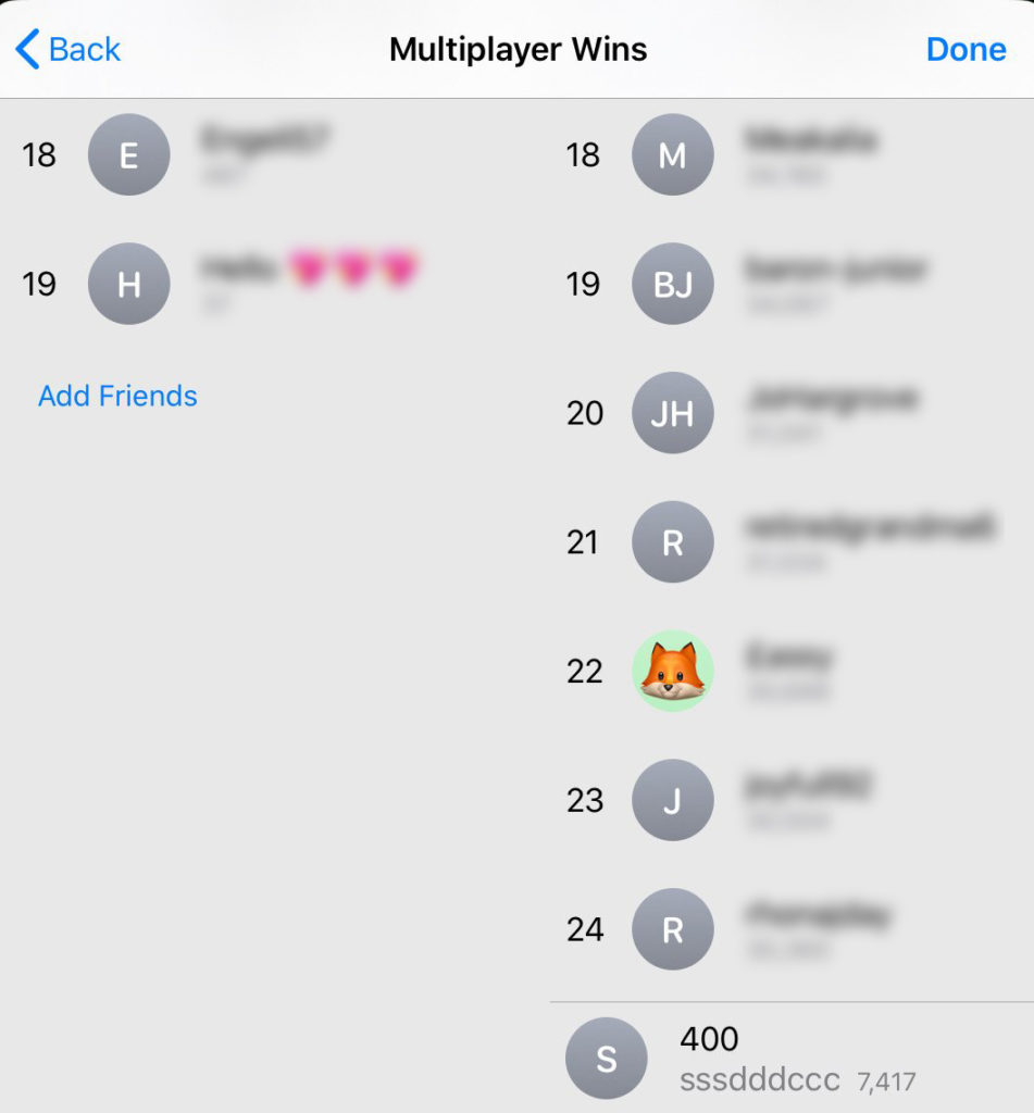 The Multiplayer Wins leaderboard for MobilityWare Solitaire for iOS, with me appearing in 400th place.
