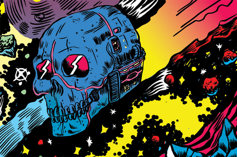 The Skullship Santa Muerte (blue and pink spaceship, shaped like a skull), from the comic book Space Riders, flies through a psychedelic space scene. Art by Alexis Ziritt.